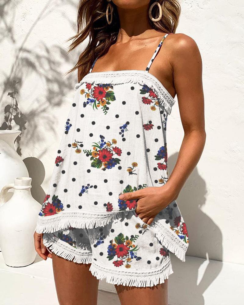 

Dots Floral Print Tassel Cami Top & Shorts Set, White