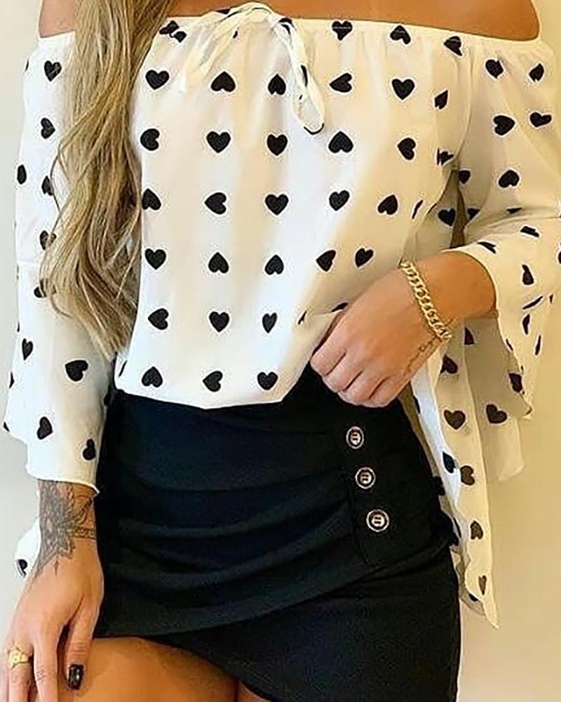 

Off Shoulder Heart Print Bell Sleeve Blouse, White