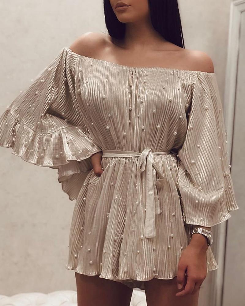 

Solid Beaded Off Shoulder Pleated Ruffles Dress