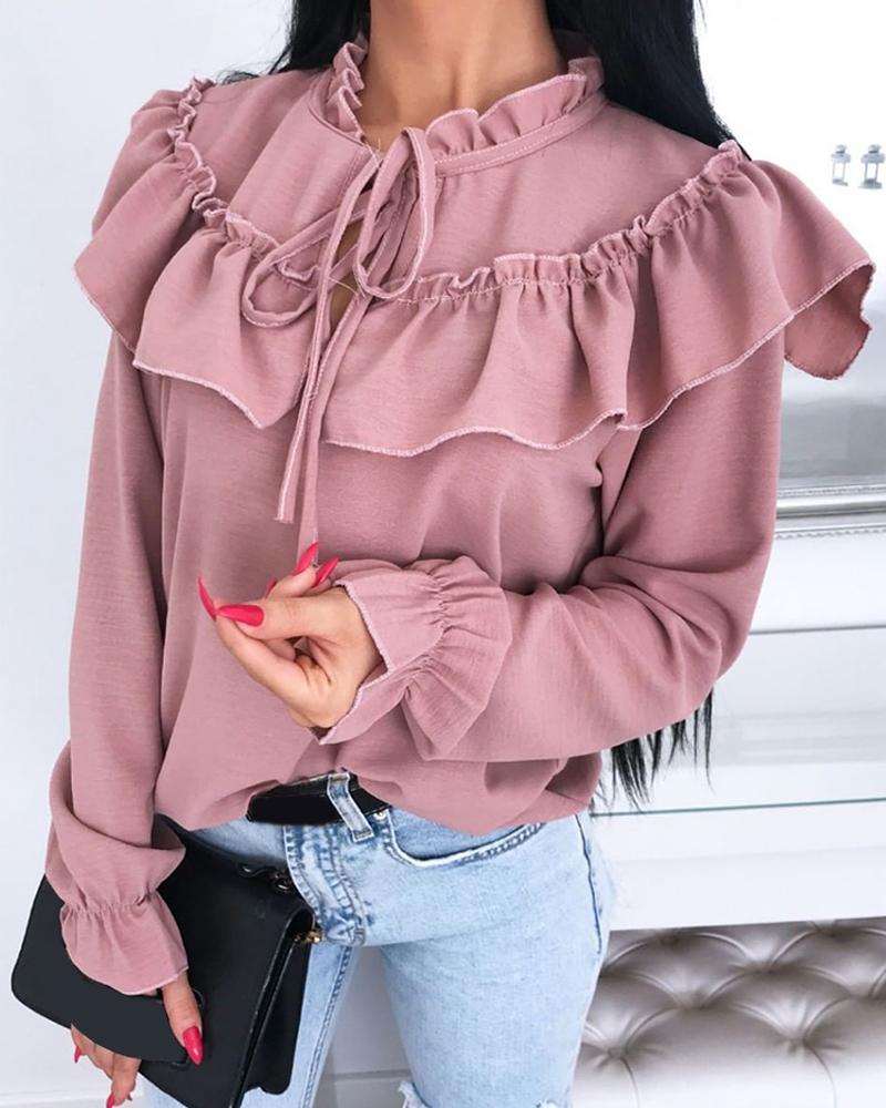

Ruffled Hem Tied Casual Blouse, Pink