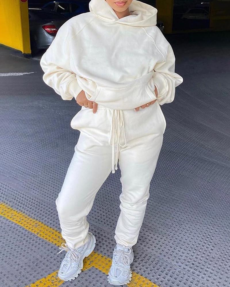 

Solid Pocket Design Hooded Top & Drawstring Pants Set, White