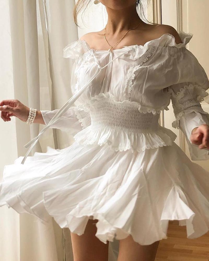 

Lace Trim Ruffles Shirring Waist Dress, White