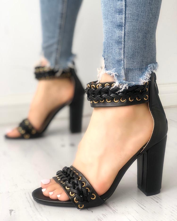 

Eyelet Lace-Up Strappy Chunky Heeled Sandals, Black