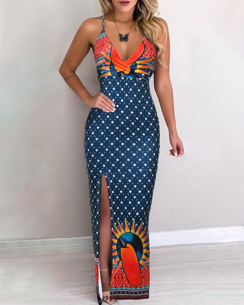 

Print Spaghetti Strap Thigh Slit Dress