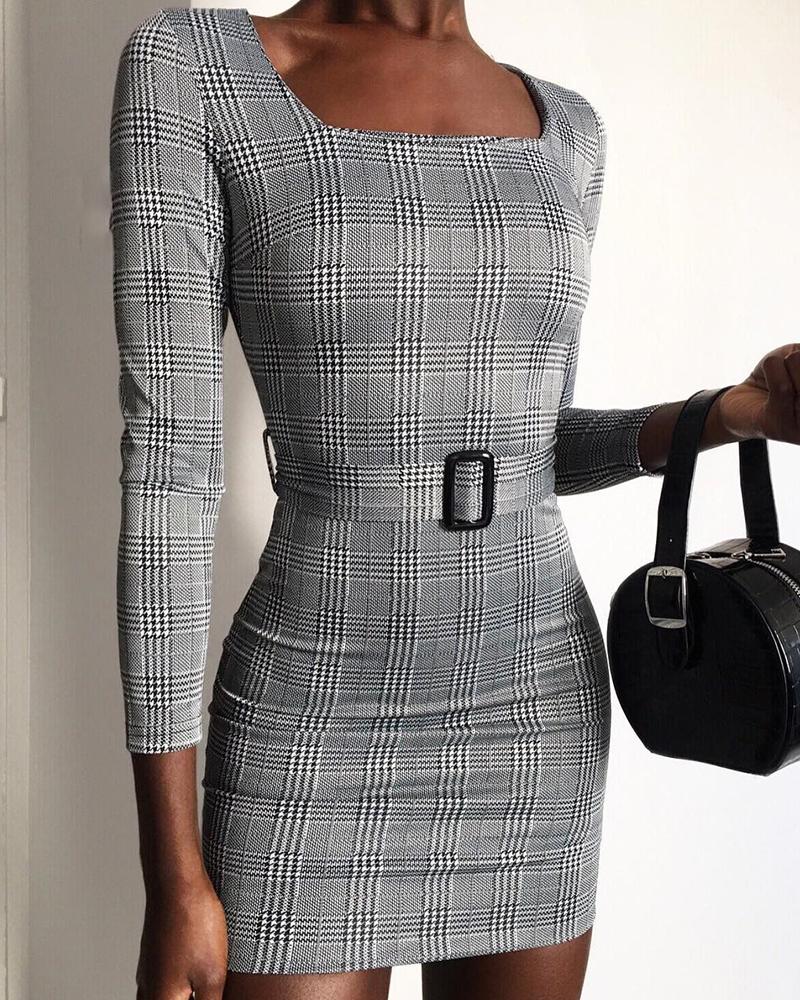 

Square Neck Grid Belted Long Sleeve Dress, Gray