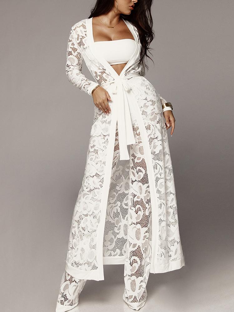 

Solid See Through Crochet Lace Pant With Coat Sets