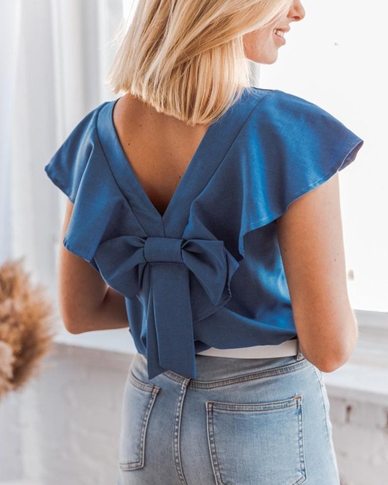 

Bow Tie Back Ruffle Top, Blue