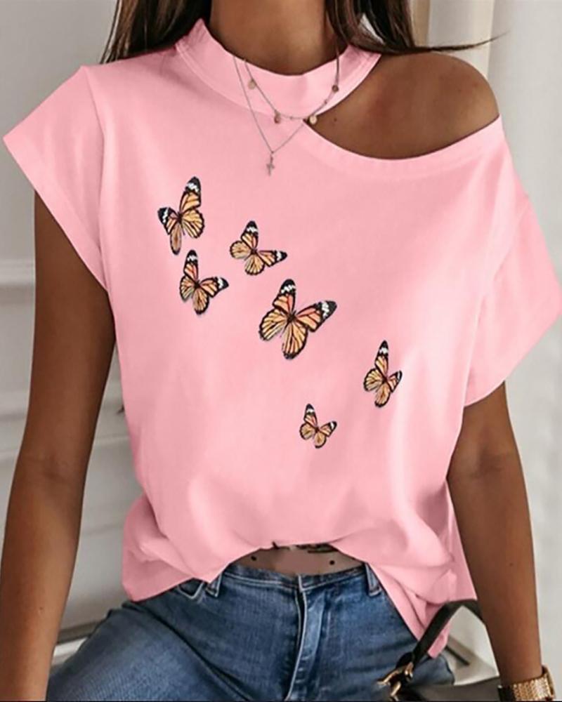 

Butterfly Print One Shoulder Casual T-shirt, Pink