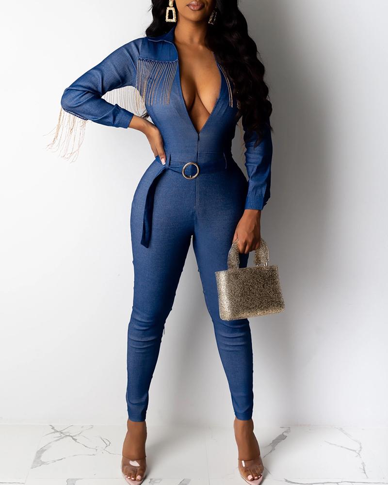 

Tassel Patchwork Denim V-Neck Jumpsuit, Blue