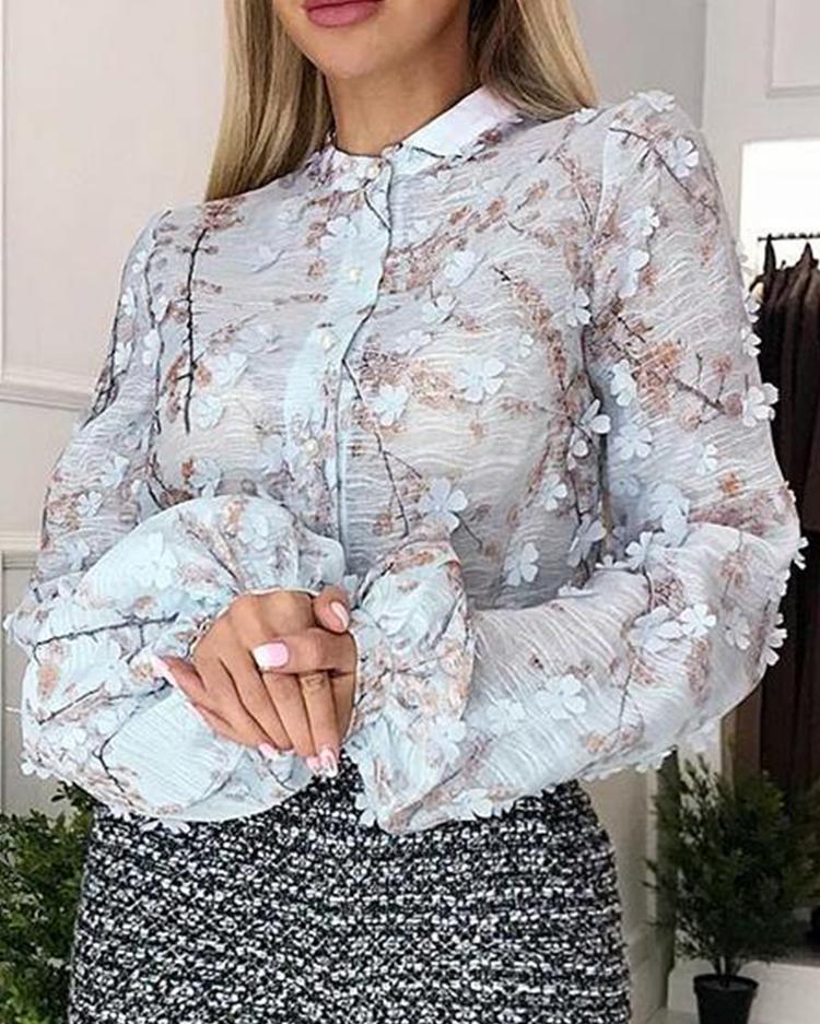 

Flower Applique Lantern Sleeve Blouse, Light blue