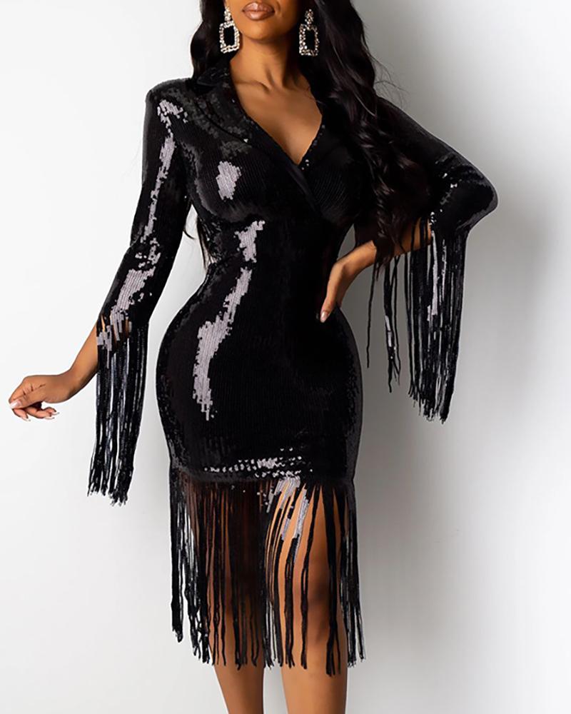 

Glitter V-Neck Zipper Design Tassel Sequins Bodycon Dress, Black