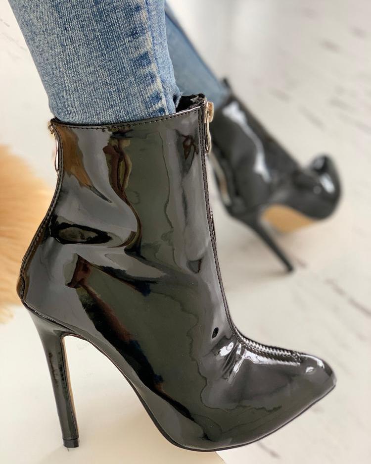 

Patent Pointed Toe PU Thin Heeled Boots