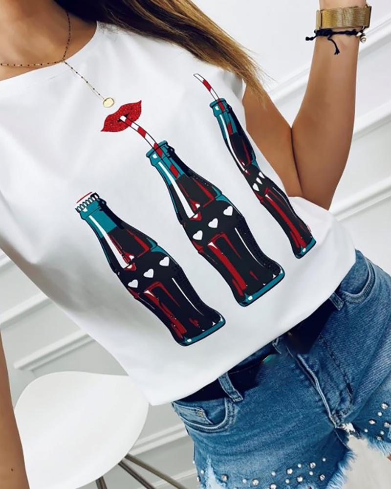 

Round Neck Print Casual T-shirt, White