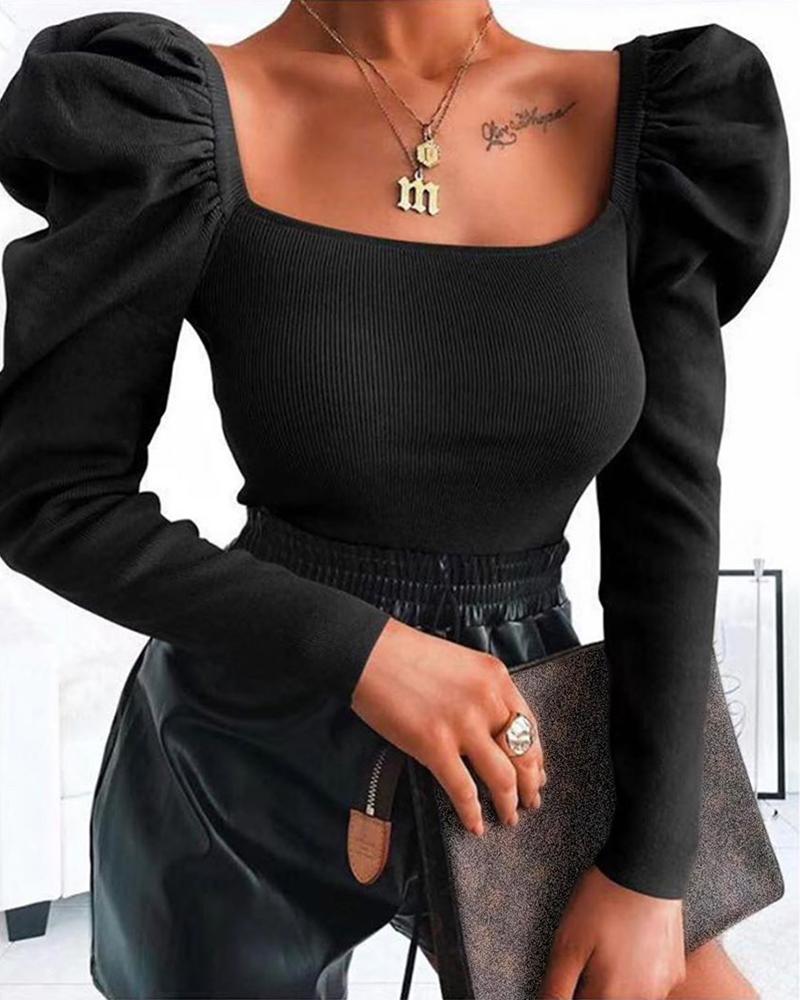 

Solid Square Neck Puff Sleeve Ribbed Blouse, Black