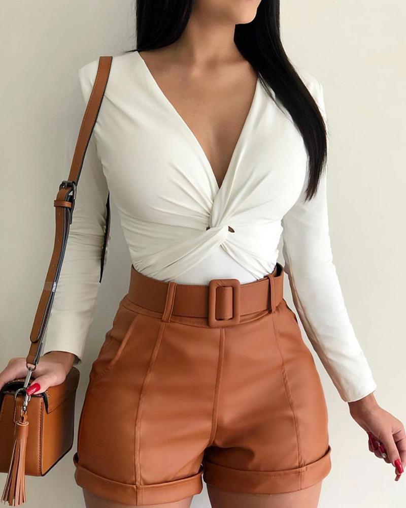 

Long Sleeve Twisted Front Casual Top, White