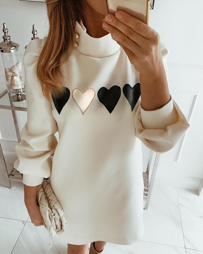 

Mock Neck Lantern Sleeve Heart Print Buttoned Dress, White