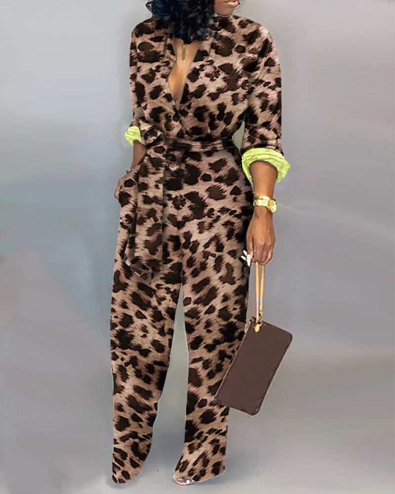 

Leopard Long Sleeve Knotted Jumpsuit, Brown
