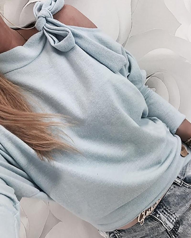 

Solid Cold Shoulder Tied Bowknot Long Sleeve Blouse, Sky blue