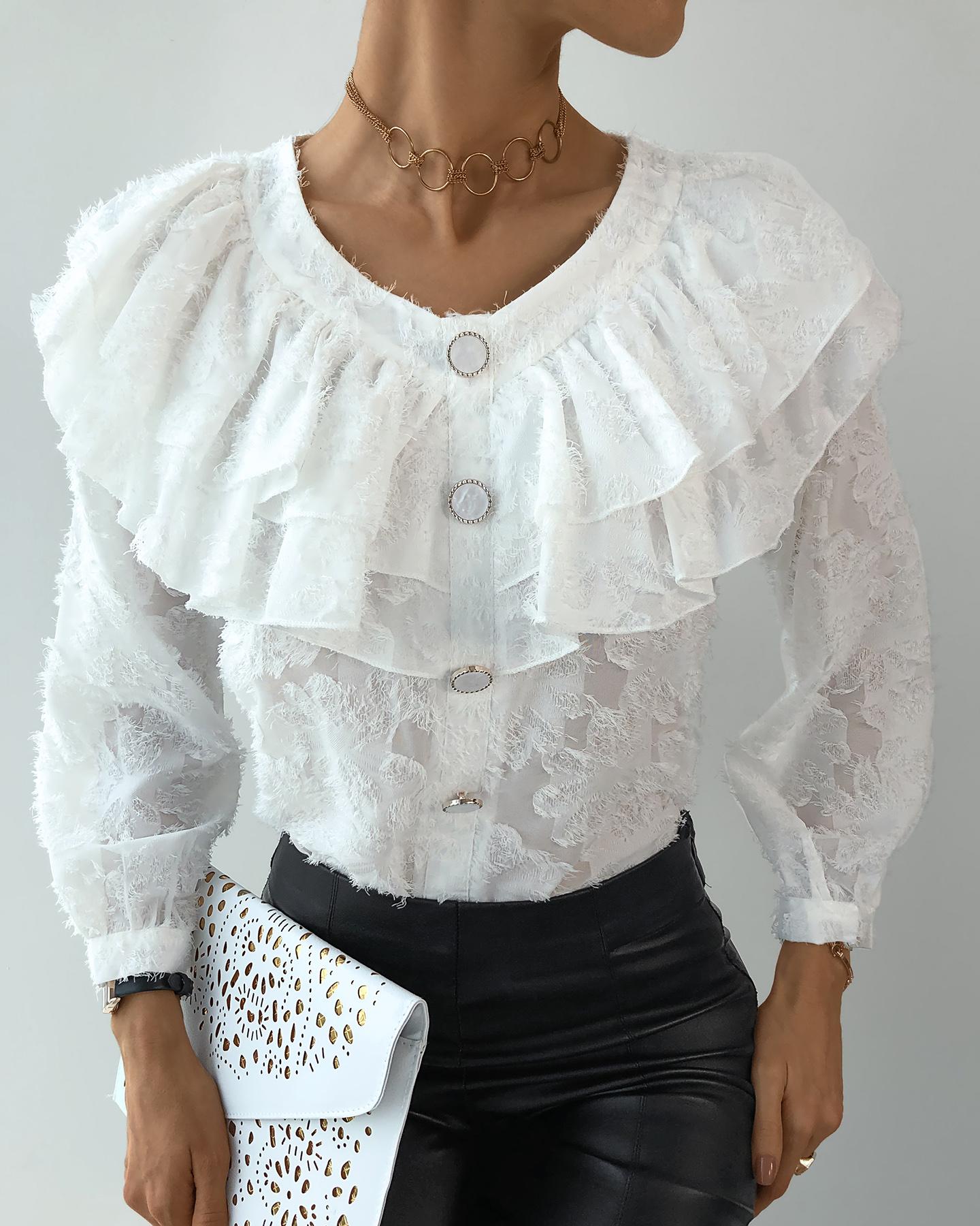 

Ruffles Swiss Dot Lace Buttoned Blouse, White
