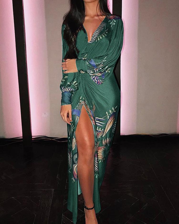 

Mixed Print Lantern Sleeve Thigh Slit Dress, Dark green