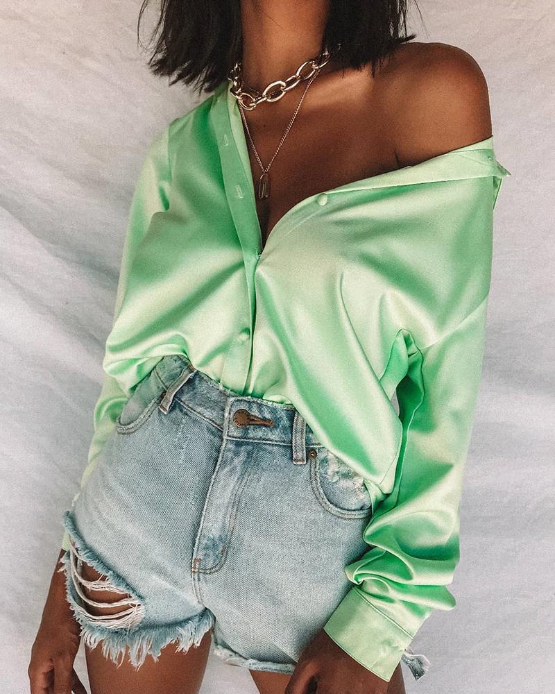 

Solid Buttoned Long Sleeve Shirt, Green