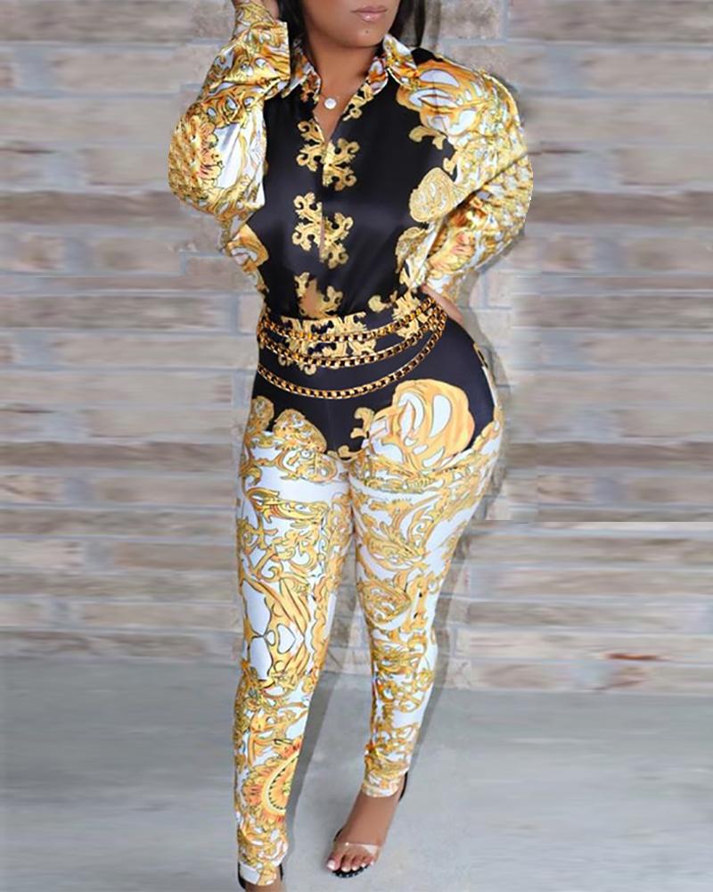 

Baroque Print Long Sleeve Jumpsuit, Black