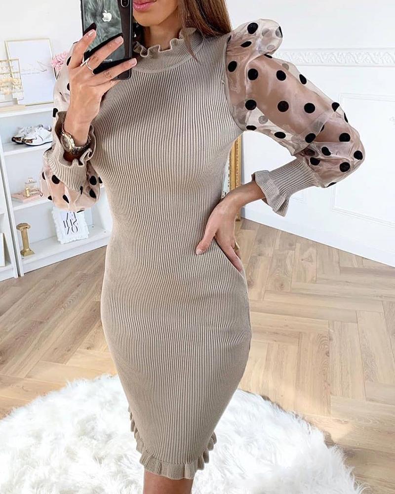 

Polka Dot Mesh Sleeve Dress, Gray