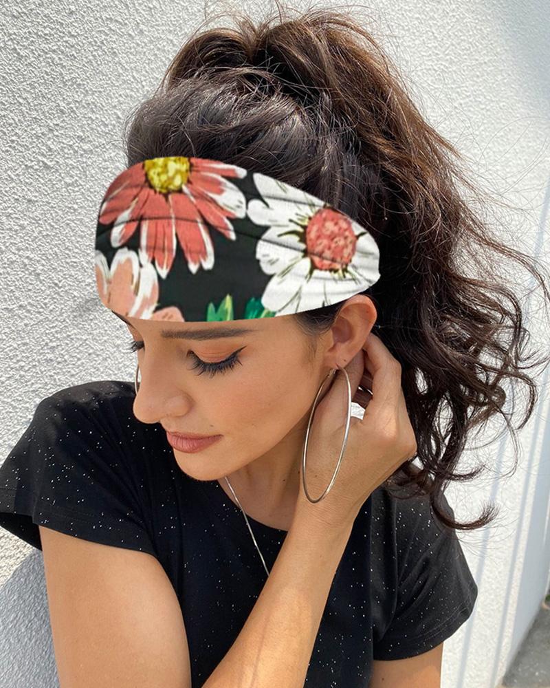 

Floral Print Yoga Running Elastic Headwraps Hair Band, Black