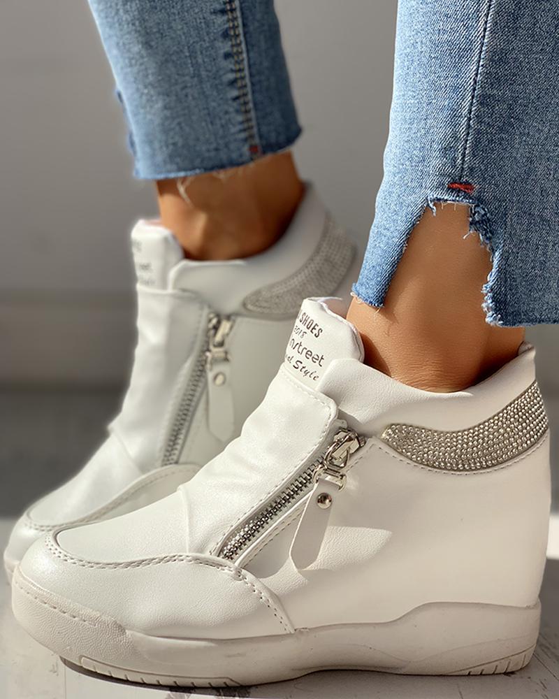 

Zippper Studded Platform Wedges Casual Sneakers, White