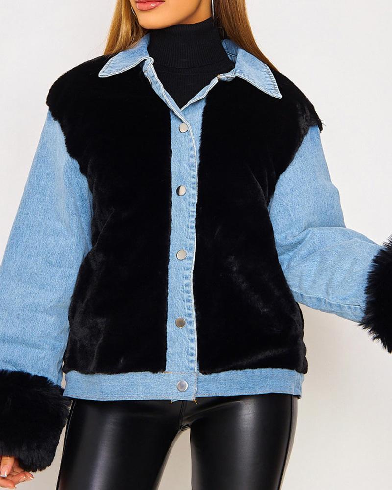 

Fluffy Button Design Long Sleeve Denim Coat, Black&blue