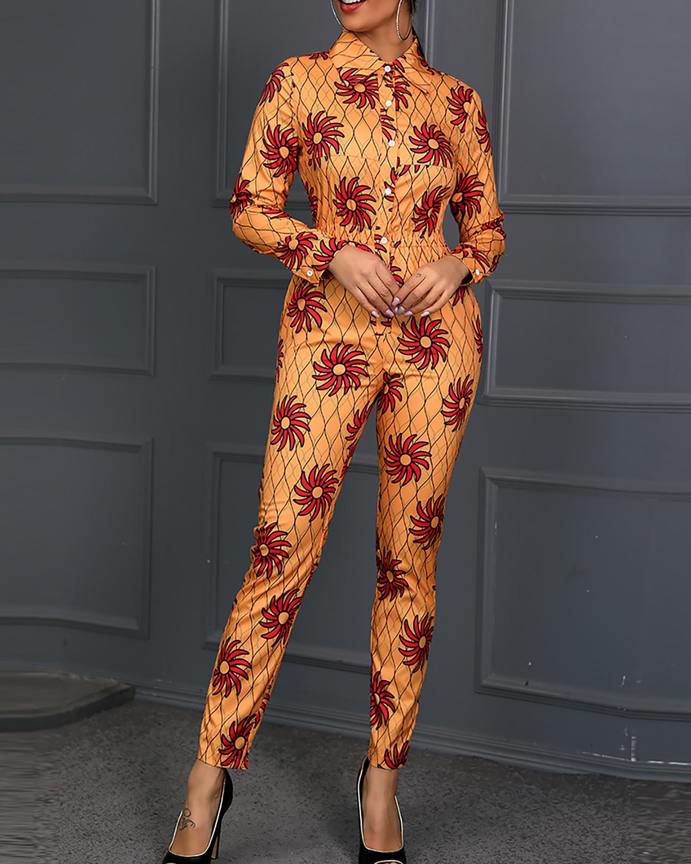 

Long Sleeve Floral Print Jumpsuit, Yellow
