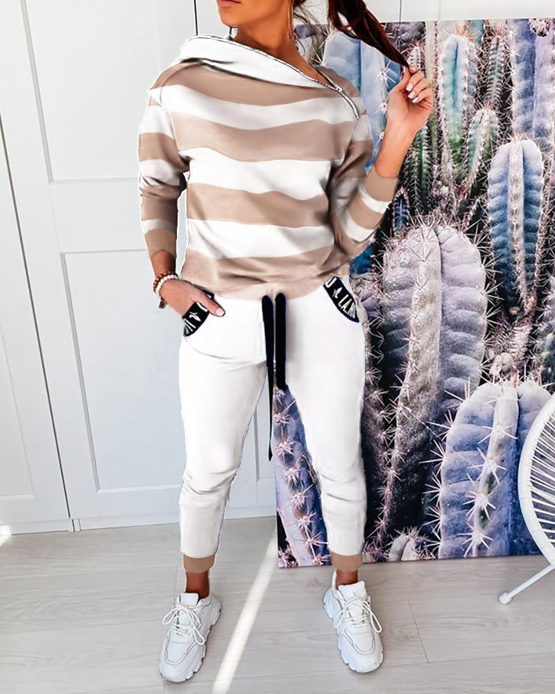 

Zipper Design Striped Hooded Top & Pockets Pants Set, White