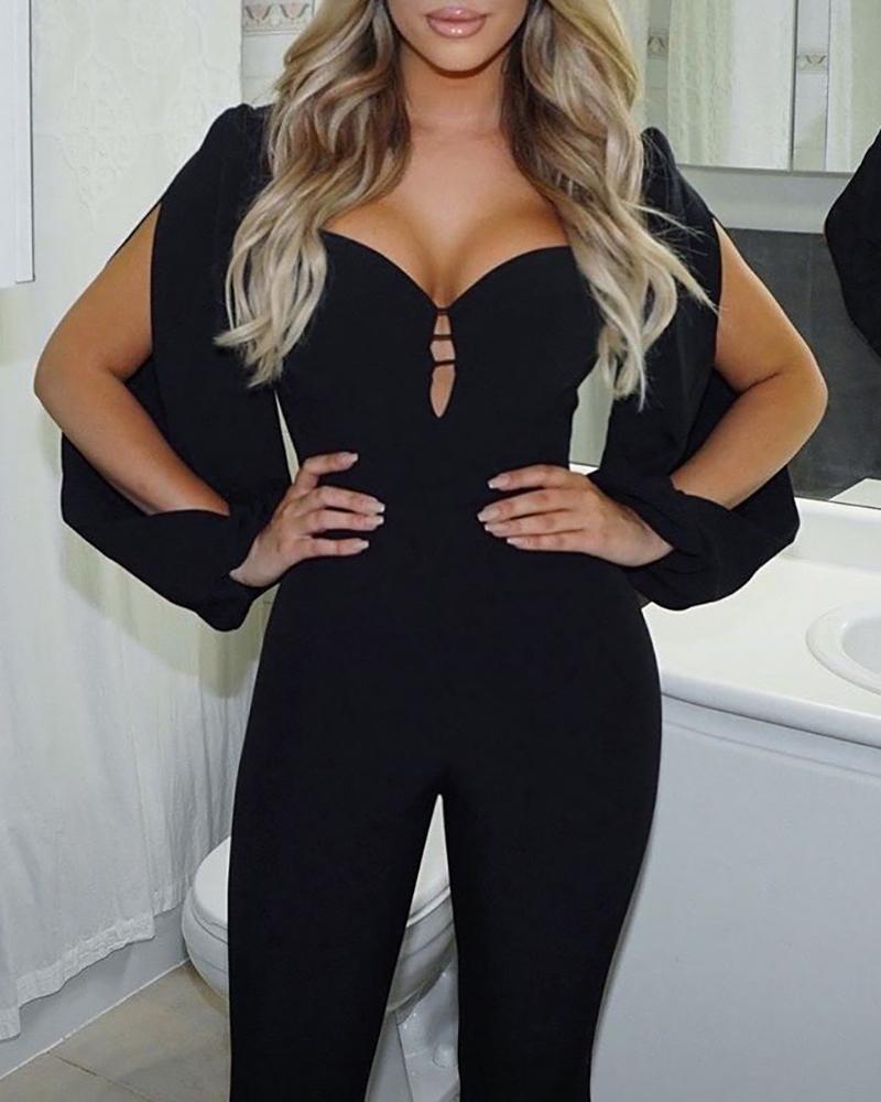 

Solid Slit Long Sleeve Casual Jumpsuit, Black