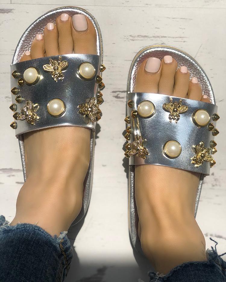 

Shiny Embellished Single Strap Flat Sandals, Silver