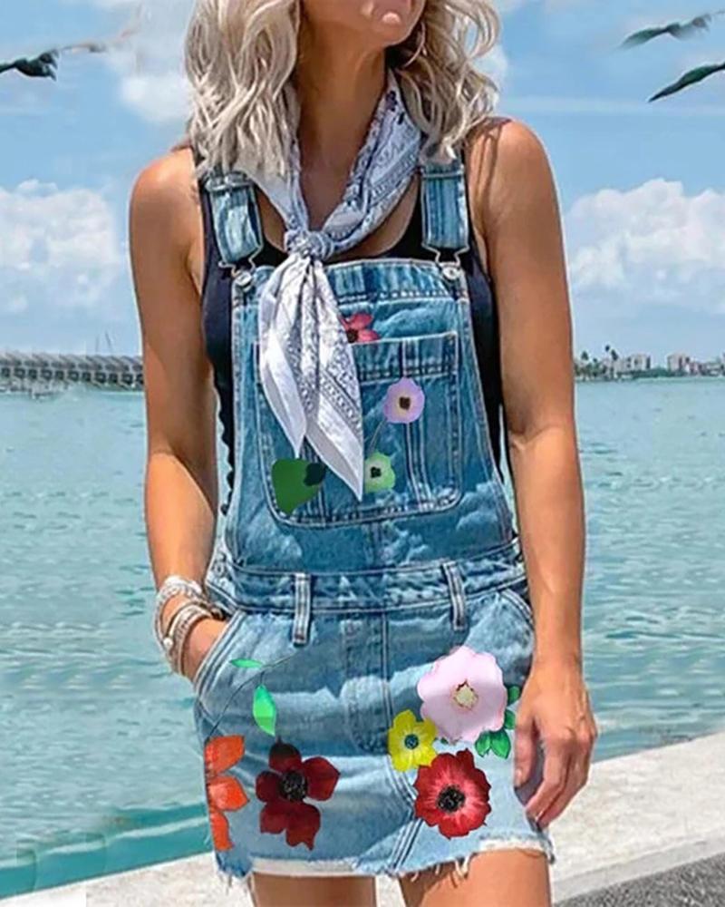 

Floral Print Suspender Denim Dress, Blue