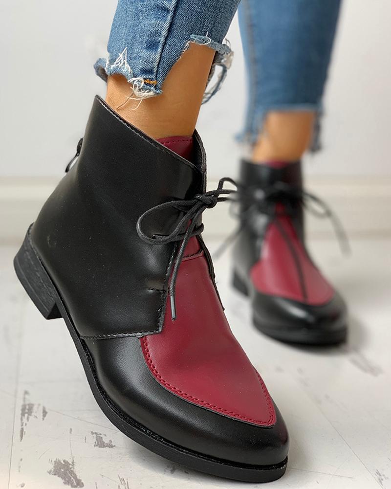 

Pointed Toe PU Lace-Up Chunky Heeled Boots, Red
