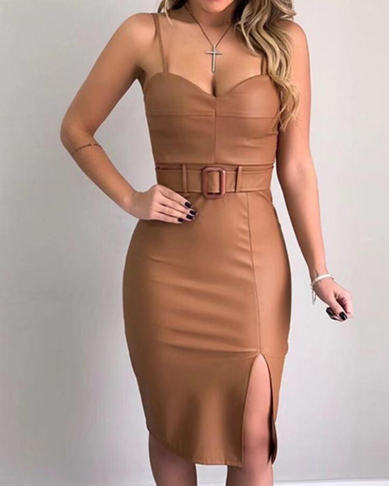 

Spaghetti Strap Slit Midi Dress With Belt, Khaki