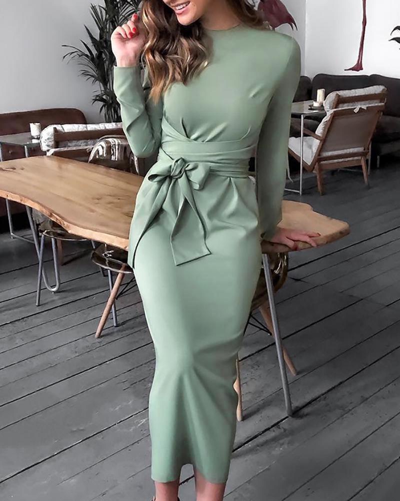 

Long Sleeve Bandage Design Slinky Dress, Green