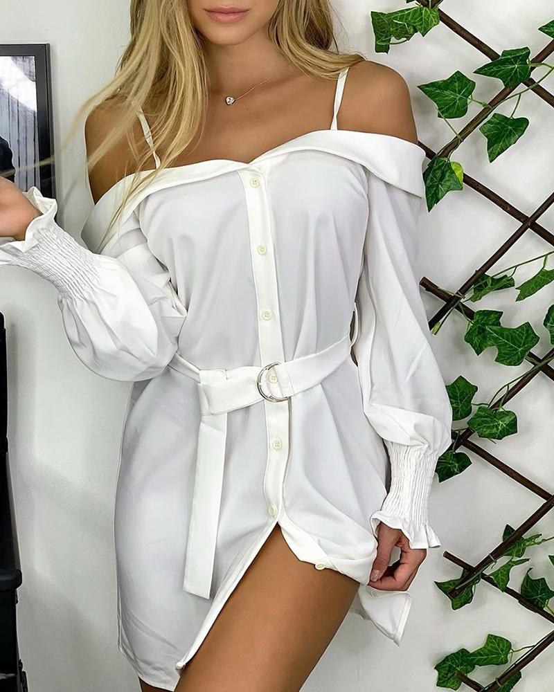

Cold Shoulder Button Design Shirt Dress, White