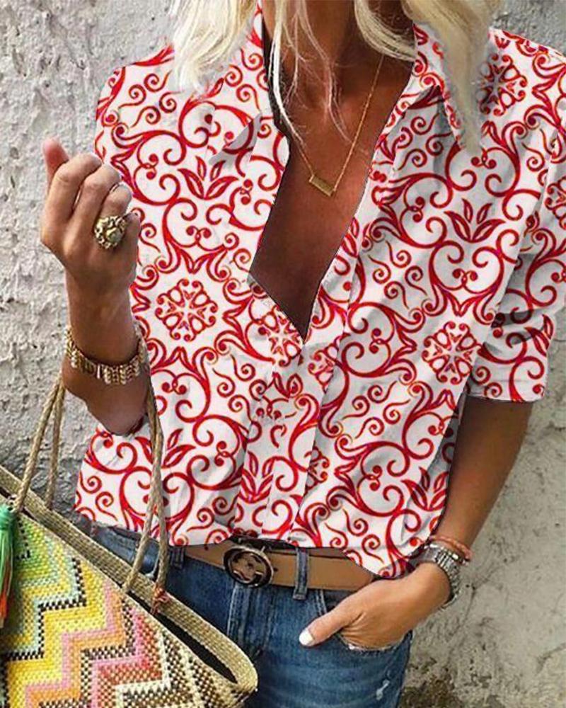 

Floral Print Button Down Blouse, Red