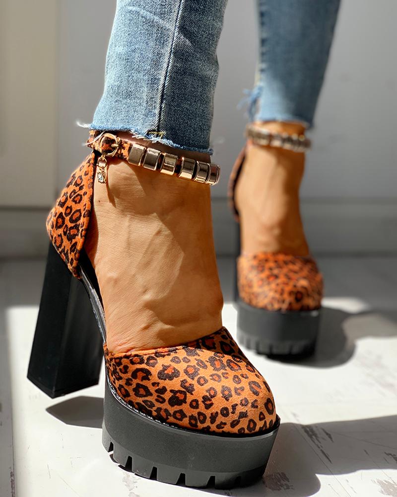 

Leopard Ankle Strap Platform Chunky Heeled Sandals, Brown