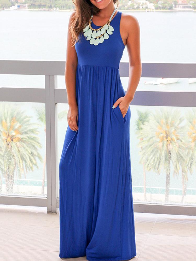 

Fashion Plain Sleeveless Casual Maxi Dress - Blue