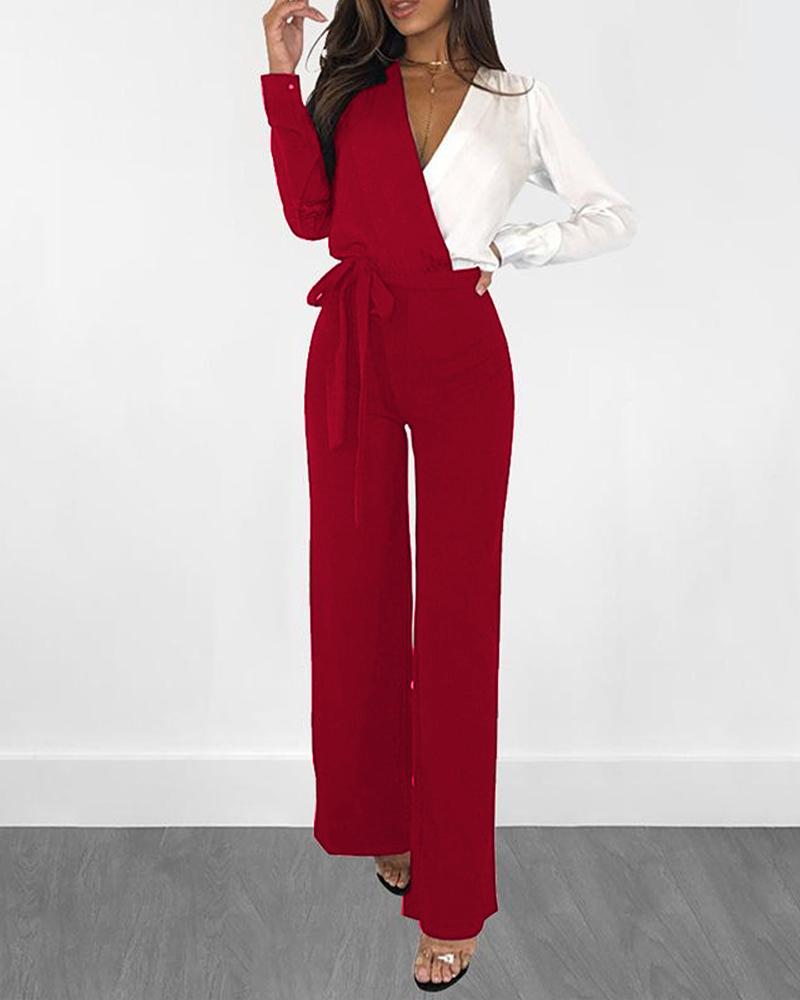 

V Neck Colorblock Long Sleeve Belted Casual Jumpsuit, Red