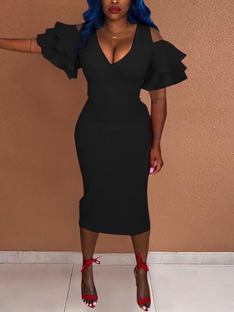 

V-Neck Cold Shoulder Layered Sleeve Bodycon Dress