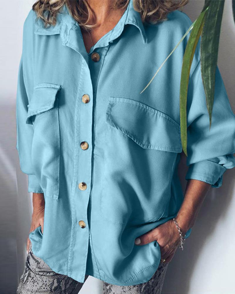 

Long Sleeve Solid Button Front Blouse, Blue