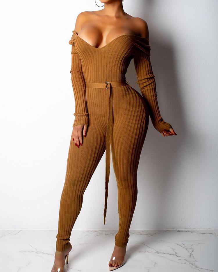 

Double V Long Sleeve Belted Skinny Jumpsuit, Brown