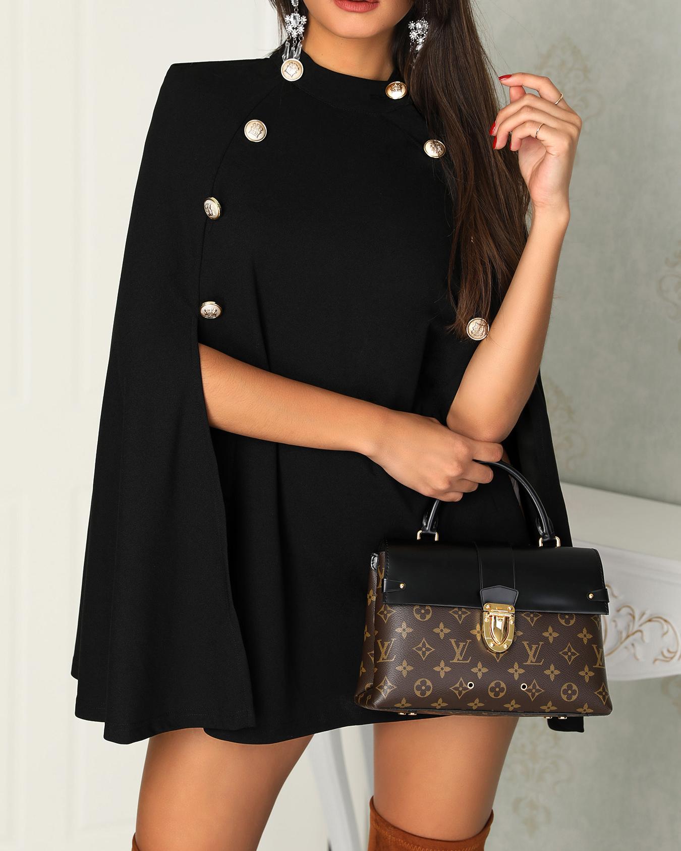 

Button Detail Cloak Design Mini Dress, Black