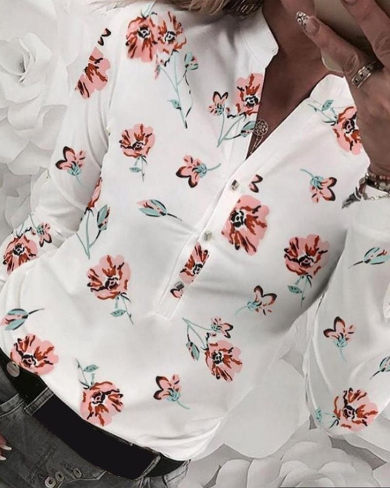 

Floral Print V-neck Casual Blouse, White