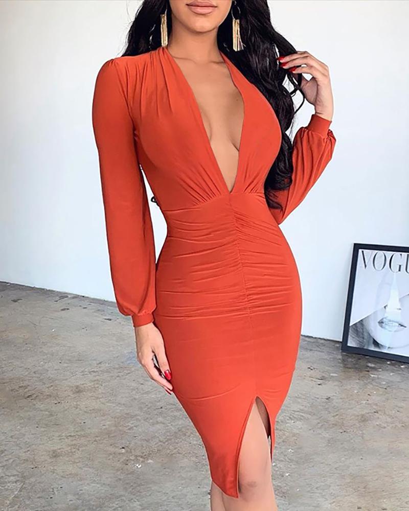 

Solid Deep V Ruched Slit Dress, Orange