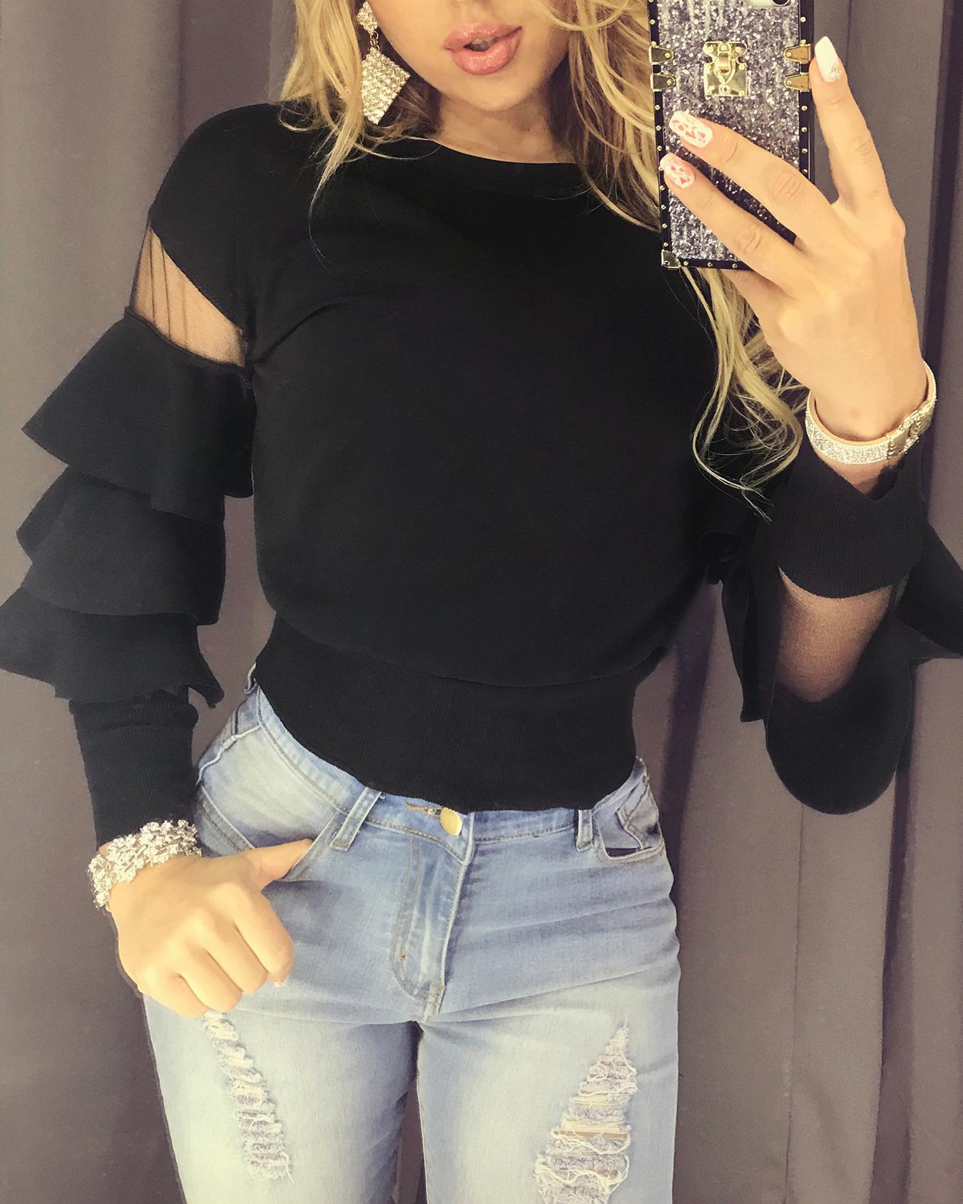

Mesh Insert Layered Ruffles T-Shirt, Black